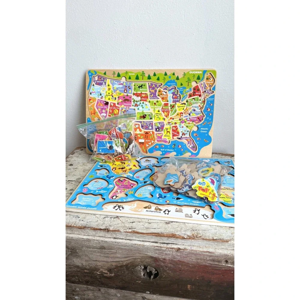 Quokka Wooden USA & World Map Puzzle Set Educational Geography